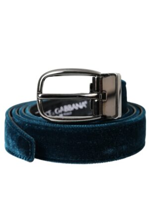 Dolce & Gabbana Blue Velvet Leather Silver Metal Buckle Belt