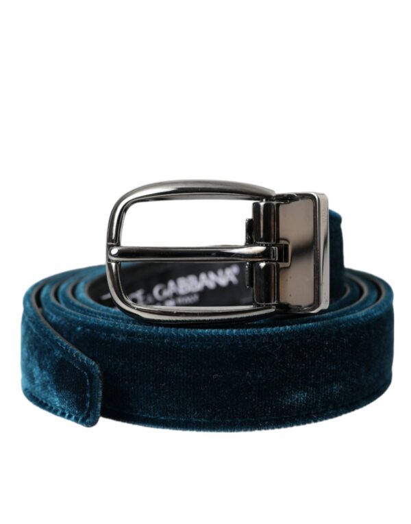 Dolce & Gabbana Blue Velvet Leather Silver Metal Buckle Belt - Image 2