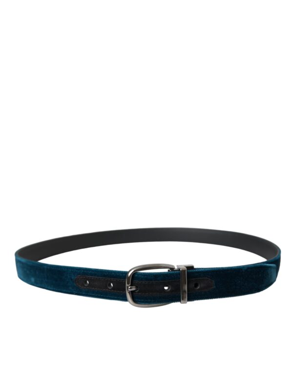 Dolce & Gabbana Blue Velvet Leather Silver Metal Buckle Belt - Image 3