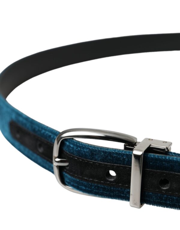 Dolce & Gabbana Blue Velvet Leather Silver Metal Buckle Belt - Image 4
