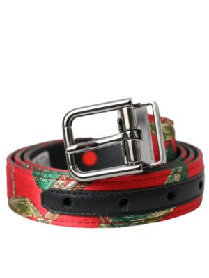 Dolce & Gabbana Red Leather Jacquard Silver Metal Buckle Belt