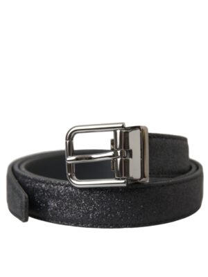 Dolce & Gabbana Black Glittered Leather Silver Buckle Belt