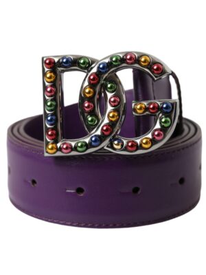 Dolce & Gabbana Purple Leather DG Logo Studs Metal Buckle Belt