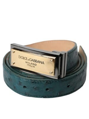 Dolce & Gabbana Green Leather Gold Logo Engraved Buckle Belt
