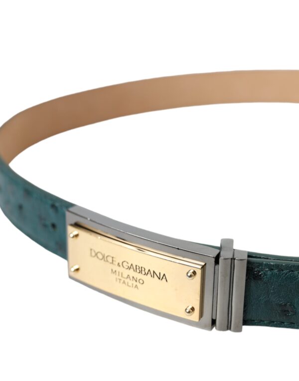 Dolce & Gabbana Green Leather Gold Logo Engraved Buckle Belt - Image 3
