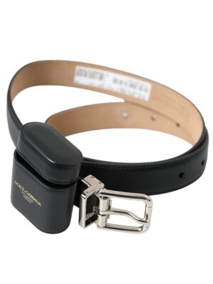 Dolce & Gabbana Black Leather Airpods Case Silver Buckle Belt