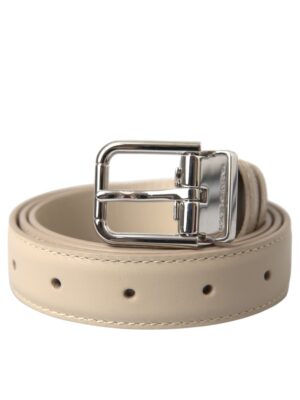 Dolce & Gabbana Beige Calfskin Leather Silver Metal Buckle Belt