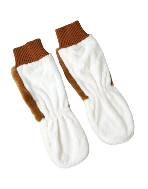 Dolce & Gabbana Brown White Acrylic Knitted Fur Mitten Gloves - Image 3
