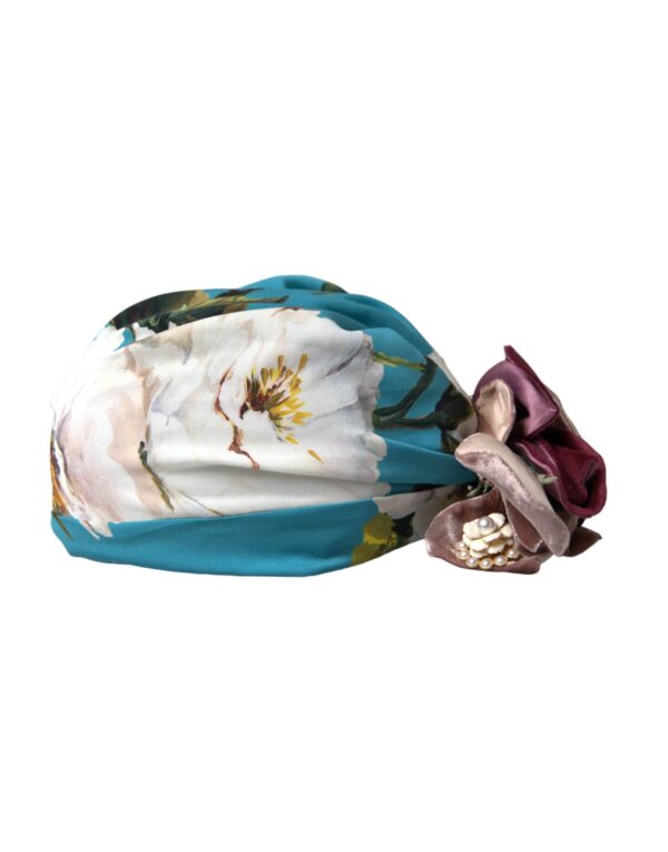 Dolce & Gabbana Blue Floral Motif Turban Head Hat Women - Image 3