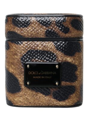 Dolce & Gabbana Brown Leopard Calf Leather Metal Logo Plaque Airpods Case