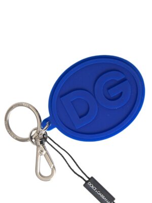 Dolce & Gabbana Blue Rubber DG Logo Silver Brass Metal Keyring Keychain