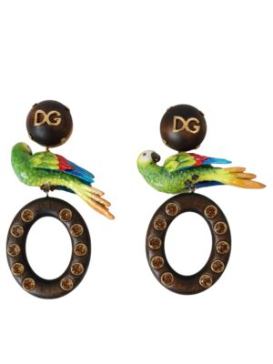 Dolce & Gabbana Multicolor Parrot Wood Brass Crystal Embellished Earrings