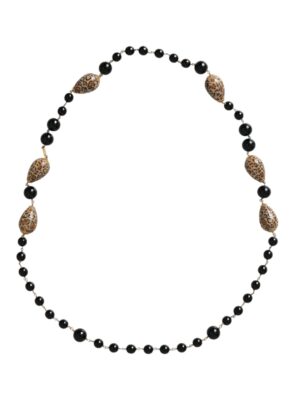 Dolce & Gabbana Gold Tone Brass Black Printed Beaded Long Chain Necklace