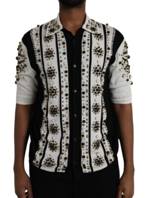 Dolce & Gabbana White Black Silk Studded Stone Crystal Shirt