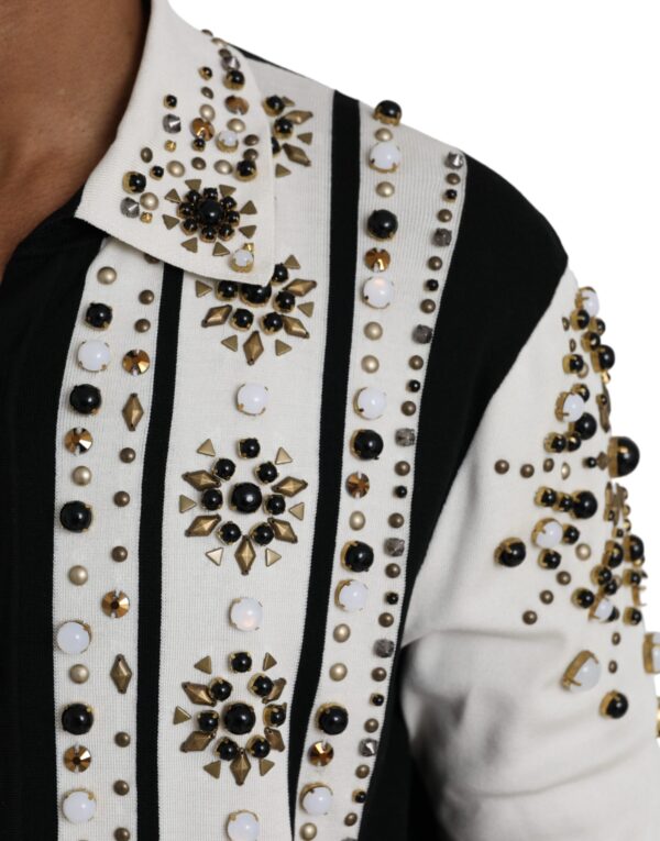 Dolce & Gabbana White Black Silk Studded Stone Crystal Shirt - Image 5