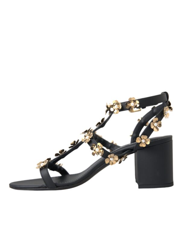 Dolce & Gabbana Black Leather Embellished Heel Sandal Shoes - Image 5