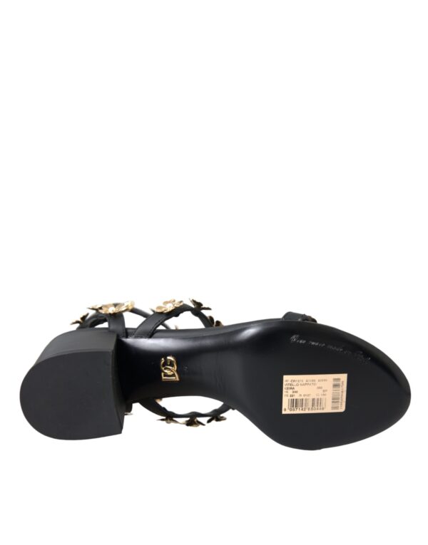 Dolce & Gabbana Black Leather Embellished Heel Sandal Shoes - Image 6