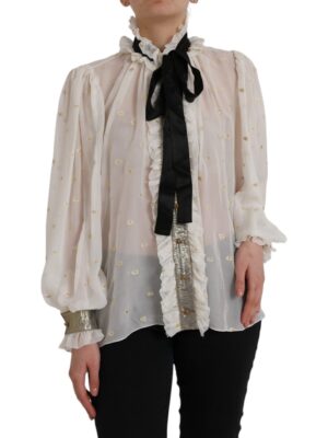 Dolce & Gabbana Off White Silk Blend Ascot Collar Blouse Top