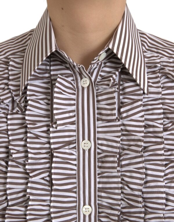 Dolce & Gabbana White Stripes Cotton Long Sleeves Ruffle Collar Top - Image 5