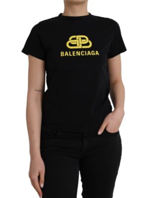 Balenciaga Black Cotton Logo Print Crew Neck Short Sleeves T-shirt