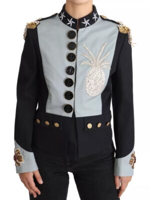 Dolce & Gabbana Blue Button Crystal Embellished Cotton Jacket