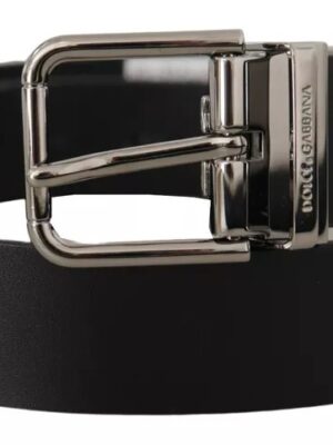 Dolce & Gabbana Black Calf Leather Logo Engraved Metal Buckle Belt