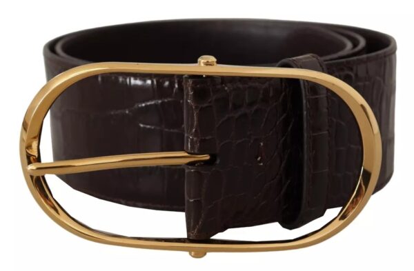 Dolce & Gabbana Brown Crocodile Pattern Leather Gold Oval Buckle Belt - Image 2
