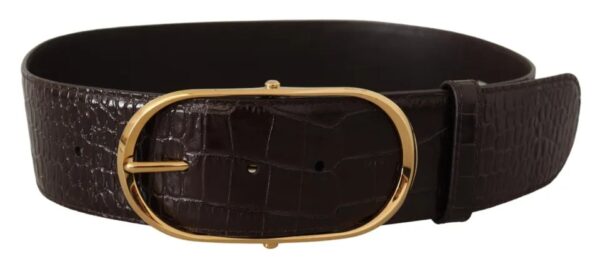 Dolce & Gabbana Brown Crocodile Pattern Leather Gold Oval Buckle Belt - Image 4