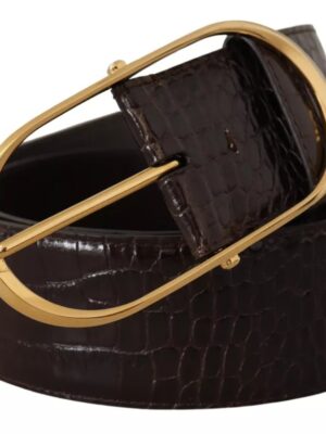 Dolce & Gabbana Brown Crocodile Pattern Leather Gold Oval Buckle Belt