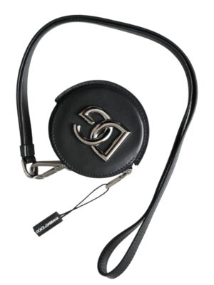 Dolce & Gabbana Black Round Leather DG Logo Coin Purse Lanyard Wallet
