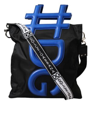 Dolce & Gabbana Black Nylon Blue Leather Hashtag Shopping Tote Bag