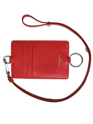 Dolce & Gabbana Red Calfskin Leather Lanyard Logo Card Holder Wallet