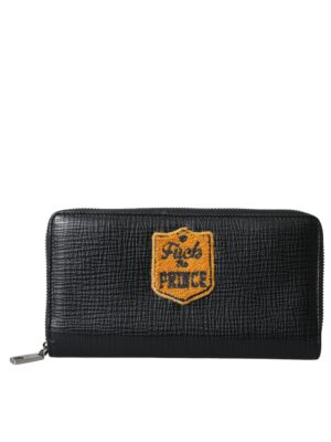 Dolce & Gabbana Black Leather Logo Patch Zip Around Continental Wallet