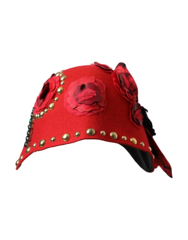 Dolce & Gabbana Red Crystal Gold Roses Brooch Embellished Hat - Image 2