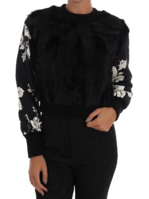 Dolce & Gabbana Floral Brocade Black Fur Sweater