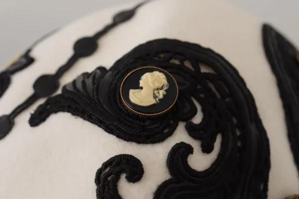 Dolce & Gabbana White Black Wool Embroidered Cameo Brooch Hat - Image 5