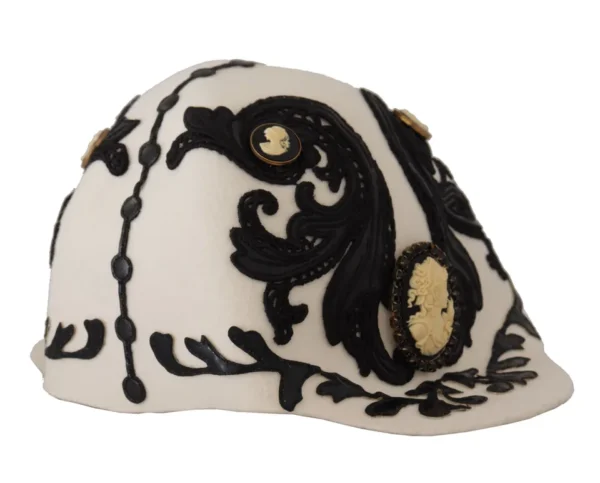 Dolce & Gabbana White Black Wool Embroidered Cameo Brooch Hat - Image 2