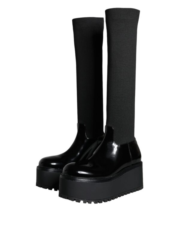 Dolce & Gabbana Black Leather Jersey Knee High Boots Shoes - Image 3