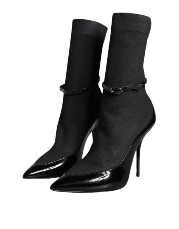 Dolce & Gabbana Black Leather Stilettos Booties Socks Shoes - Image 3