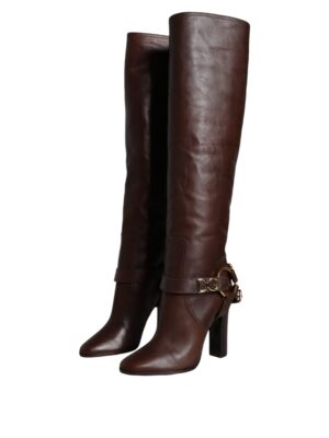 Dolce & Gabbana Brown Leather Gold Tone Logo High Boots Shoes