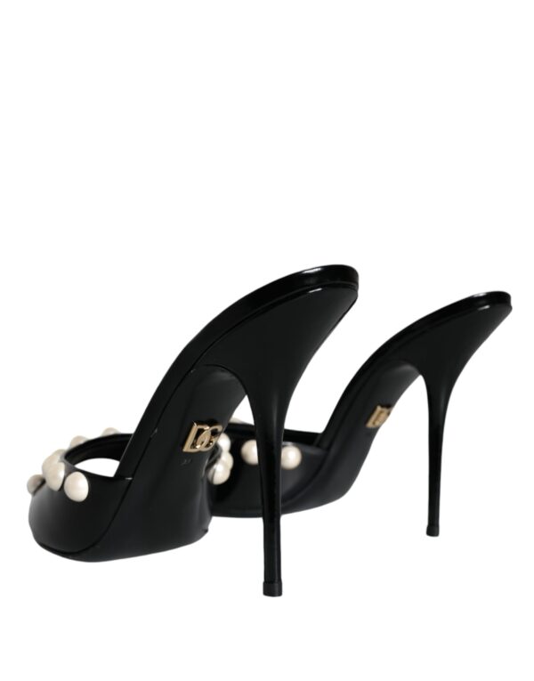 Dolce & Gabbana Black Leather Pearls Slides Sandals Shoes - Image 4
