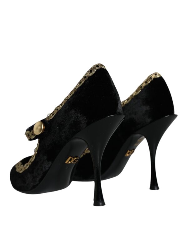Dolce & Gabbana Black Mary Janes Velvet Gold Pumps Shoes - Image 4