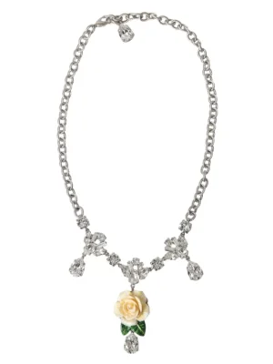 Dolce & Gabbana Silver Brass Clear Crystal Roses Pendants Necklace