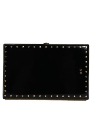 Dolce & Gabbana Black Leather Studs Gold Frame Clutch Evening Purse Bag