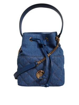 Versace Blue Quilted Denim Leather Crossbody Shoulder Bag