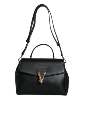 Versace Black Top Handle Grainy Calfskin Leather Crossbody Bag