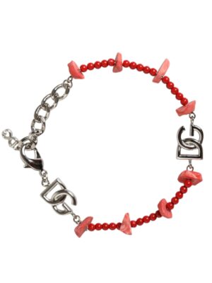 Dolce & Gabbana Silver Tone Brass Beaded Resin DG Logo Chain Bracelet