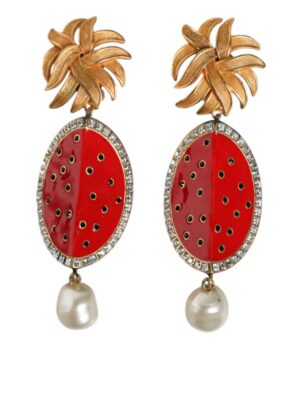 Dolce & Gabbana Red Watermelon Gold Brass Crystal Clip Dangling Earrings