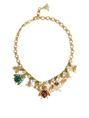 Dolce & Gabbana Gold Brass Crystal Bug Charm Pendant Statement Necklace