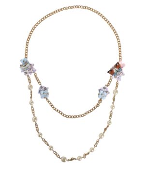 Dolce & Gabbana Gold Chain Brass Floral Layered Crystal Pearl Necklace